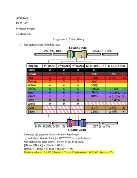 EK131 Assignment 6 - Amrit Kohli EK131 A Professor Sebesta 20 March 2023 Assignment 6: Circuit ...