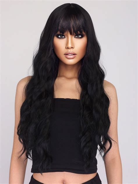 Natural Long Curly Synthetic Wig With Bangs | Long hair styles, Full ...