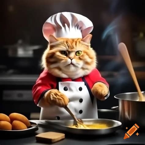 Chef cat preparing cat-friendly croquettes on Craiyon
