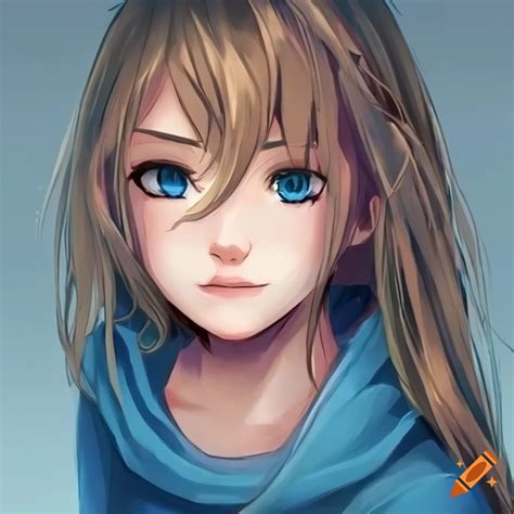 Anime girl with long dirty blond hair wearing a blue sweater on Craiyon