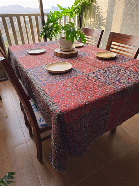 Ajrakh Patchwork Dining Table Cover with Kantha Work – Crafted Heritage ...