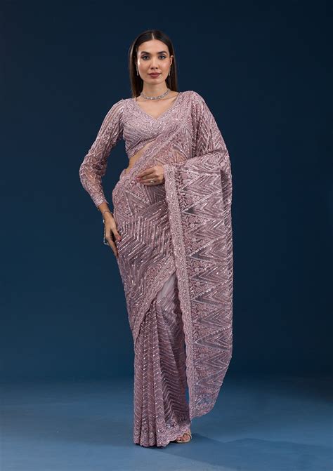 Buy Onion Pink Sequins Net Saree - Koskii