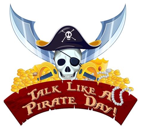 Talk like a pirate day font banner with pirate skull and treasure on ...