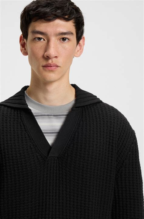HUGO - Oversized-fit waffle-structured sweater with Johnny collar - Black