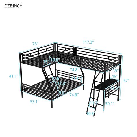 Merax Metal L-Shaped Bunk Bed with a Loft Attached, Triple Bedframe ...