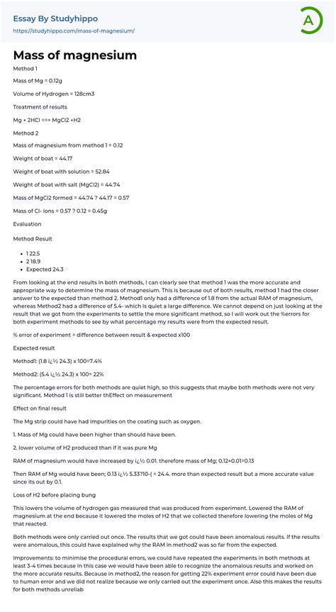 Mass of magnesium Essay Example | StudyHippo.com