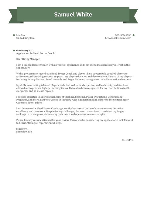 Head Soccer Coach Cover Letter Sample | Kickresume