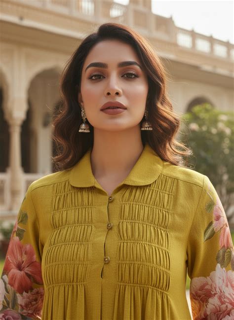 Mustard Cotton collared Dress with Smocked Yoke, Floral Print and Lace ...