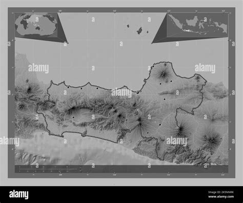 Jawa Tengah, city of Indonesia. Grayscale elevation map with lakes and rivers. Locations of ...