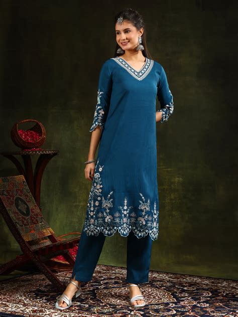 Hem & Yoke Embroidered Kurta with Pant & lace taping net Dupatta ...