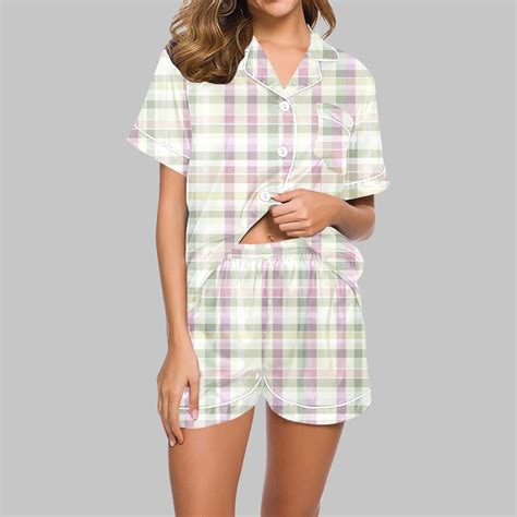 Aobny Plaid Plus Size Pajamas Women Khaki Cooling Pj Sets Short Sleeve ...