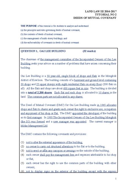 LAND Tutorial 2 DMCs - DEEDS OF MUTUAL COVENANT - TUTORIAL NO 2 DEEDS ...