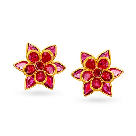 Lovely 22 Karat Gold And Ruby Floral Stud Earrings