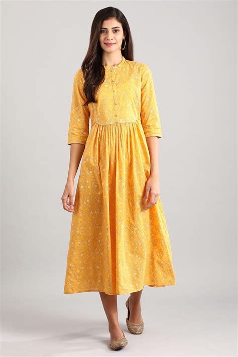 Buy Yellow Band Collar Printed Dress Online for Woman | Shop for Aurelia