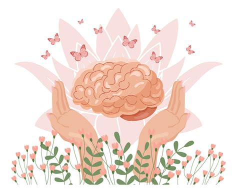Mental health Hands holding a brain with flowers and butterflies ...