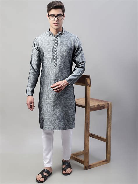 Men's Grey Collar Embroidered Silk Jacquard Kurta Pyjama – Jompers