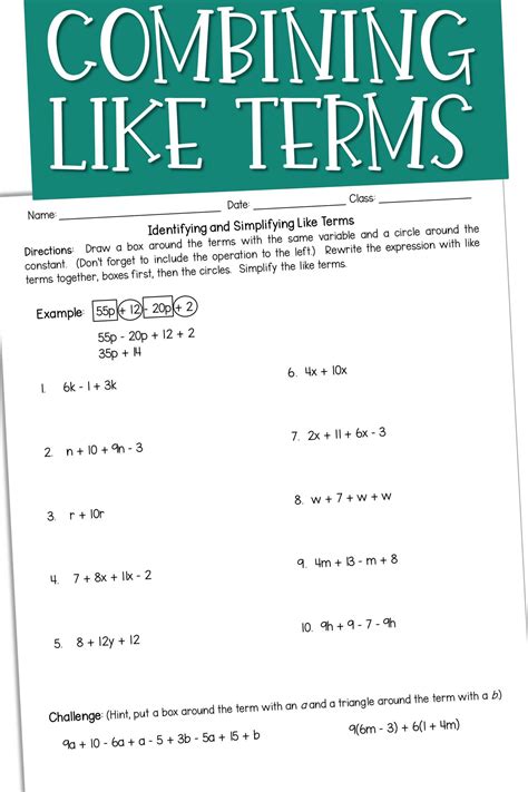 Combining Like Terms Worksheet - E-streetlight.com