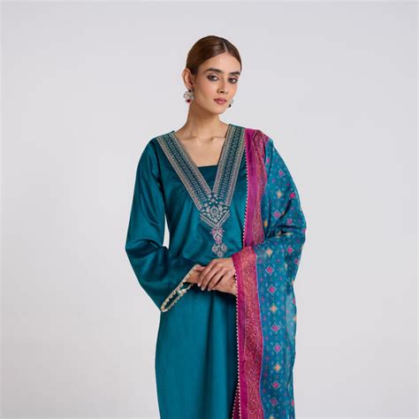 Buy Teal Embroidered Zareen Velvet Set with Dupatta | Rustorange