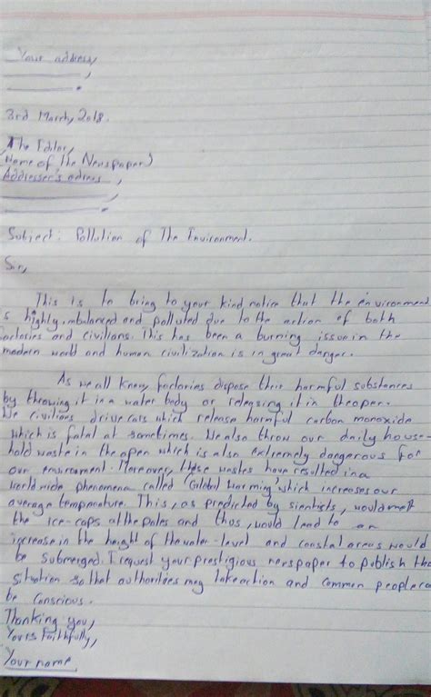 write a letter to the editor of a national daily on environment ...