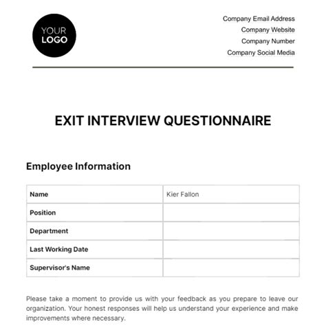 Free Exit Interview Questionnaire HR Template to Edit Online