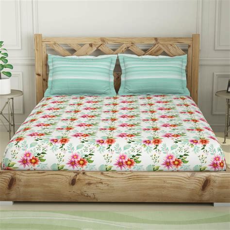 Buy SPACES Atrium Plus-Multicolour Floral Printed Double Bedsheet Set ...