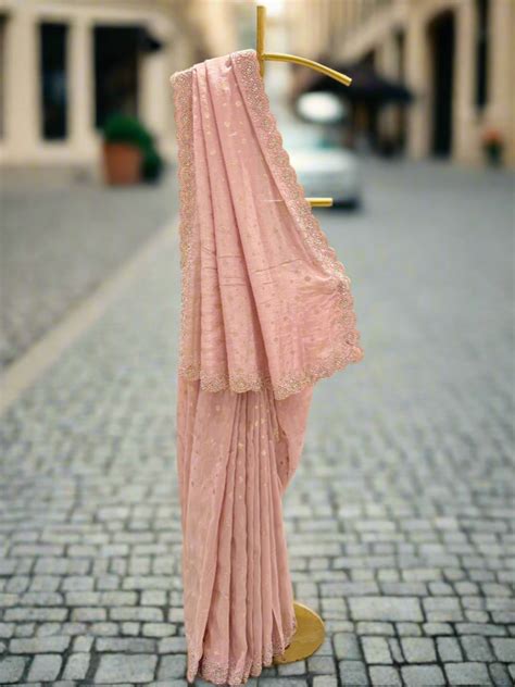 Soft Pink Embroidered Crepe Saree – Chhabra 555