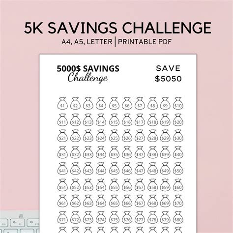 5k Savings Challenge Tracker Printable Save 5000 In a Year - Etsy Portugal