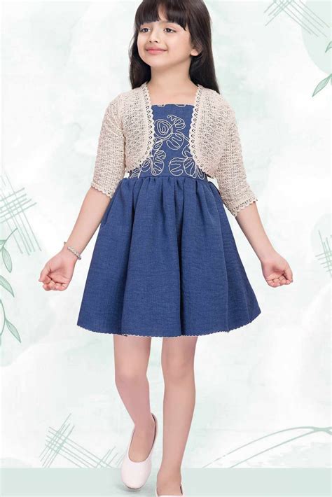 Denim Blue Embroidered Dress With Crochet Shrug For Girls – Lagorii Kids