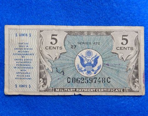 Series 472 Military Payment Certificate, Five Cents, 1947, Post WWII ...
