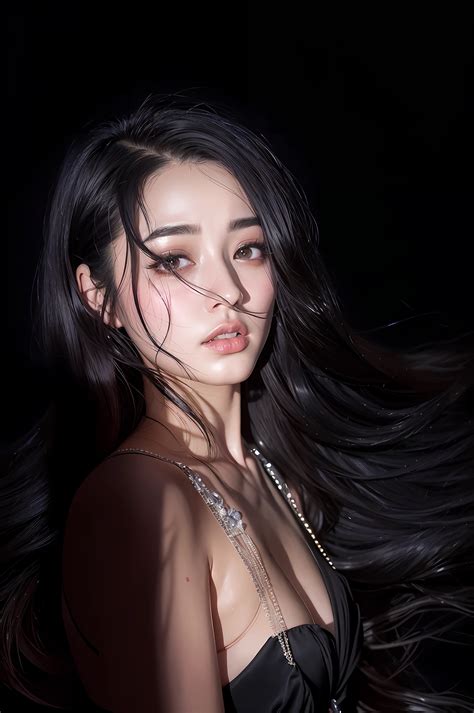 arafed woman with black hair and a black dress posing for a picture ...