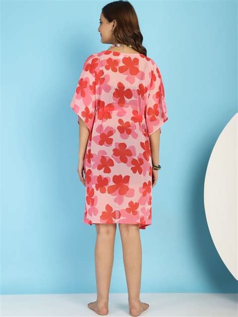 Red and Pink Floral Swimwear Cover Up Kaftan
