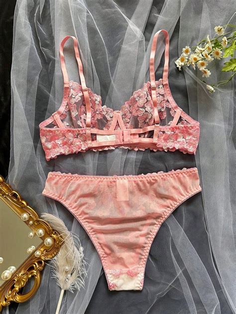 Sexy Lingerie Set For Women, Floral Embroidery Mesh Sheer Two-Piece Bra ...