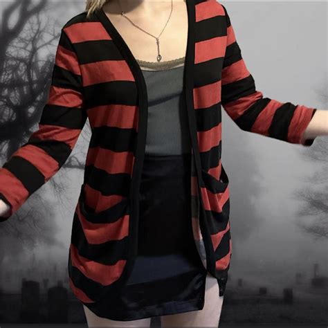 red and black striped cardigan, black lace back... - Depop