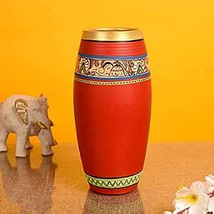 Buy Aakriti Art Creations Vase Earthen Handcrafted Red Madhubani 9x4 ...