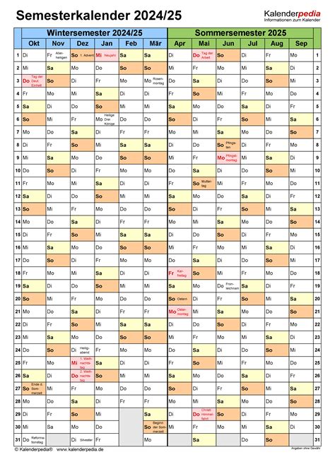 Semesterkalender 2024/25 für Word zum Ausdrucken