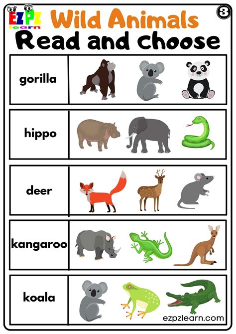 Wild Animals Read and Choose Worksheet for Kids and ESL PDF Download ...