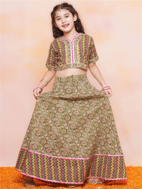 Kids Girls Green Striped Cotton Lehenga Choli – AJ Dezines