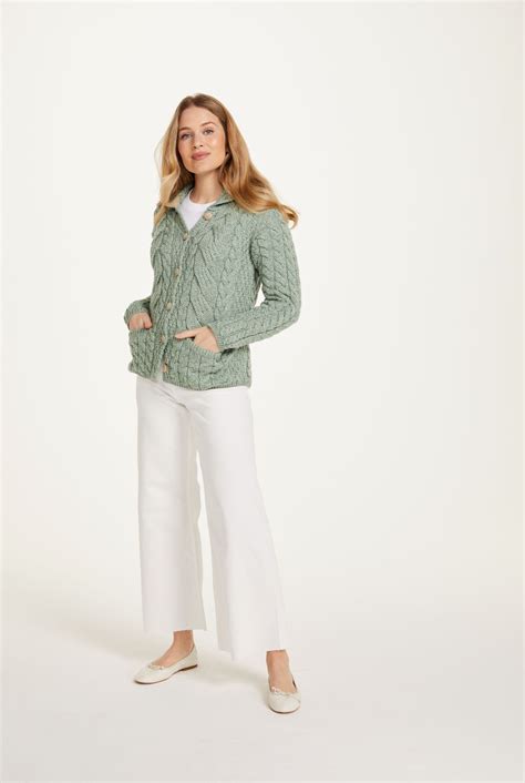 Belcarra Ladies Aran Cardigan - Mint Green