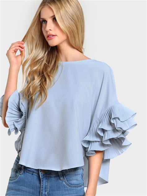 Shop Pleated Ruffle Sleeve Top LIGHT BLUE online. SheIn offers Pleated ...