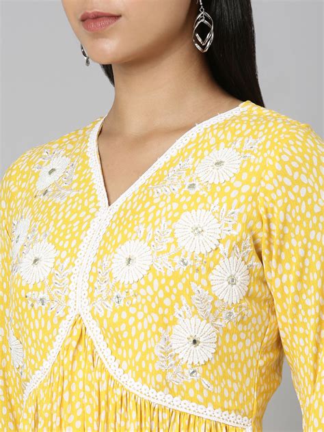 Neerus Mustard Straight Casual Floral Anarkali Kurtas – Neerus India