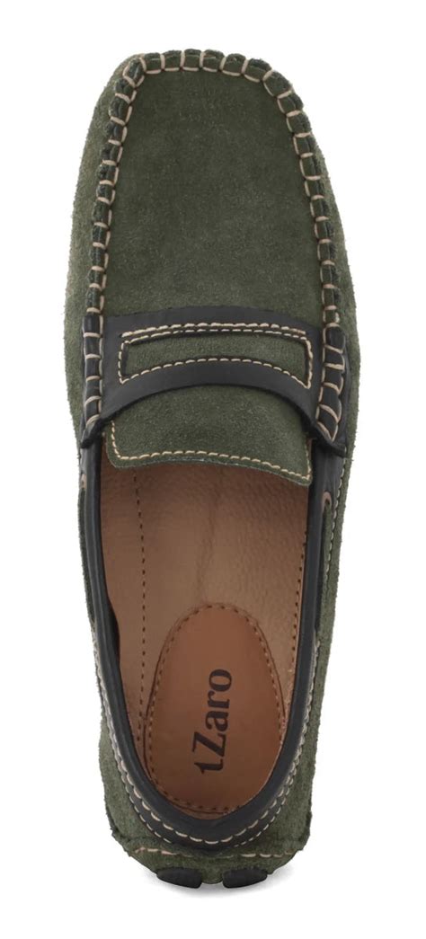TZARO Olive Suede Penny Loafer Driving Shoes | Leather Strap | Moc-Toe ...