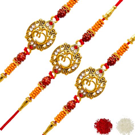OM Set of 3 Rakhi with Roli Chawal and Greeting Card For Men Brother K ...