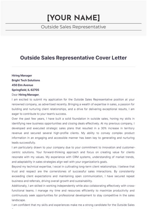 Free Outside Sales Representative Cover Letter Template to Edit Online
