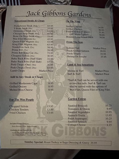 Menu at Jack Gibbons Gardens steakhouse, Oak Forest