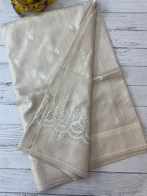 Cutwork Blended tussar Saree with Embriodery - SVGSS1 Cream – Miriyam.Store