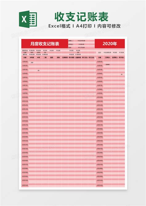 红色简约月度收支记账表EXCEL模版模板下载_红色_图客巴巴