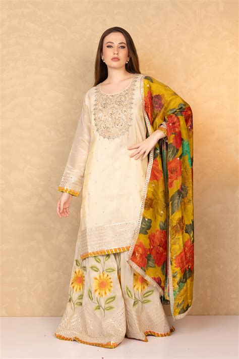Beige Gold Kurta with Floral Sharara and Printed Dupatta – rckcaurum