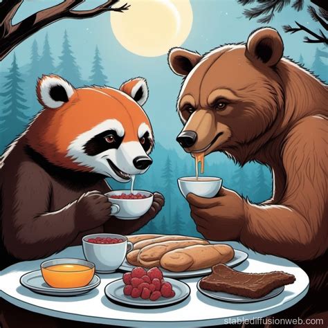 Red Panda and Grizzly Bear Breakfast | Stable Diffusion Online