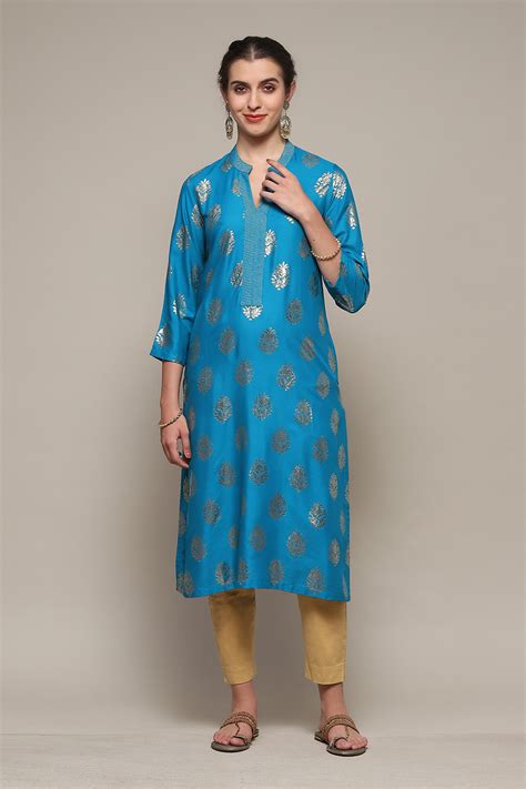 Blue Rayon Straight Printed Kurta