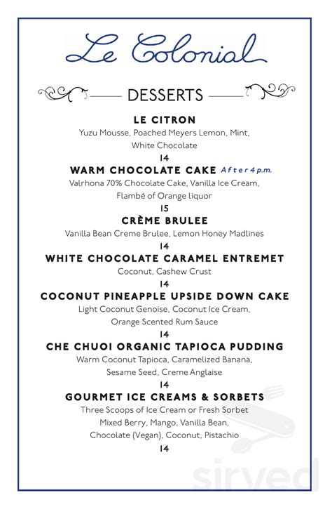 Le Colonial menu in Atlanta, Georgia, USA